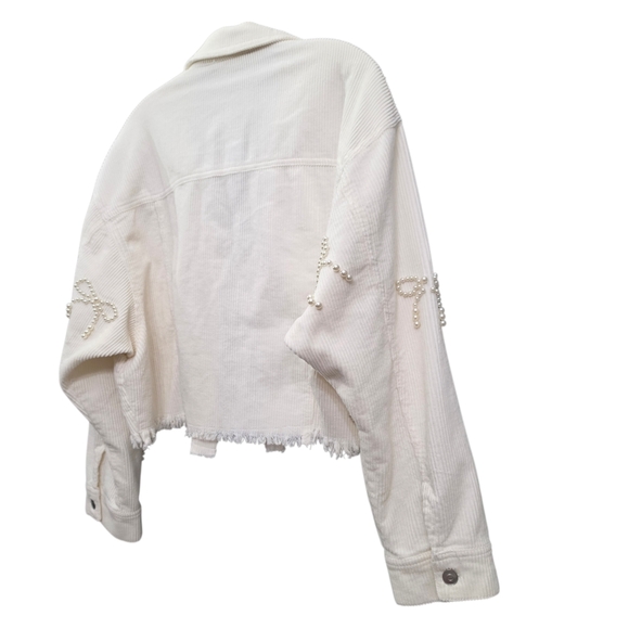 Nwot Peach Love Ivory Cordoroy Pearl Bows Cropped Raw Edge Collared Jacket - Picture 14 of 17